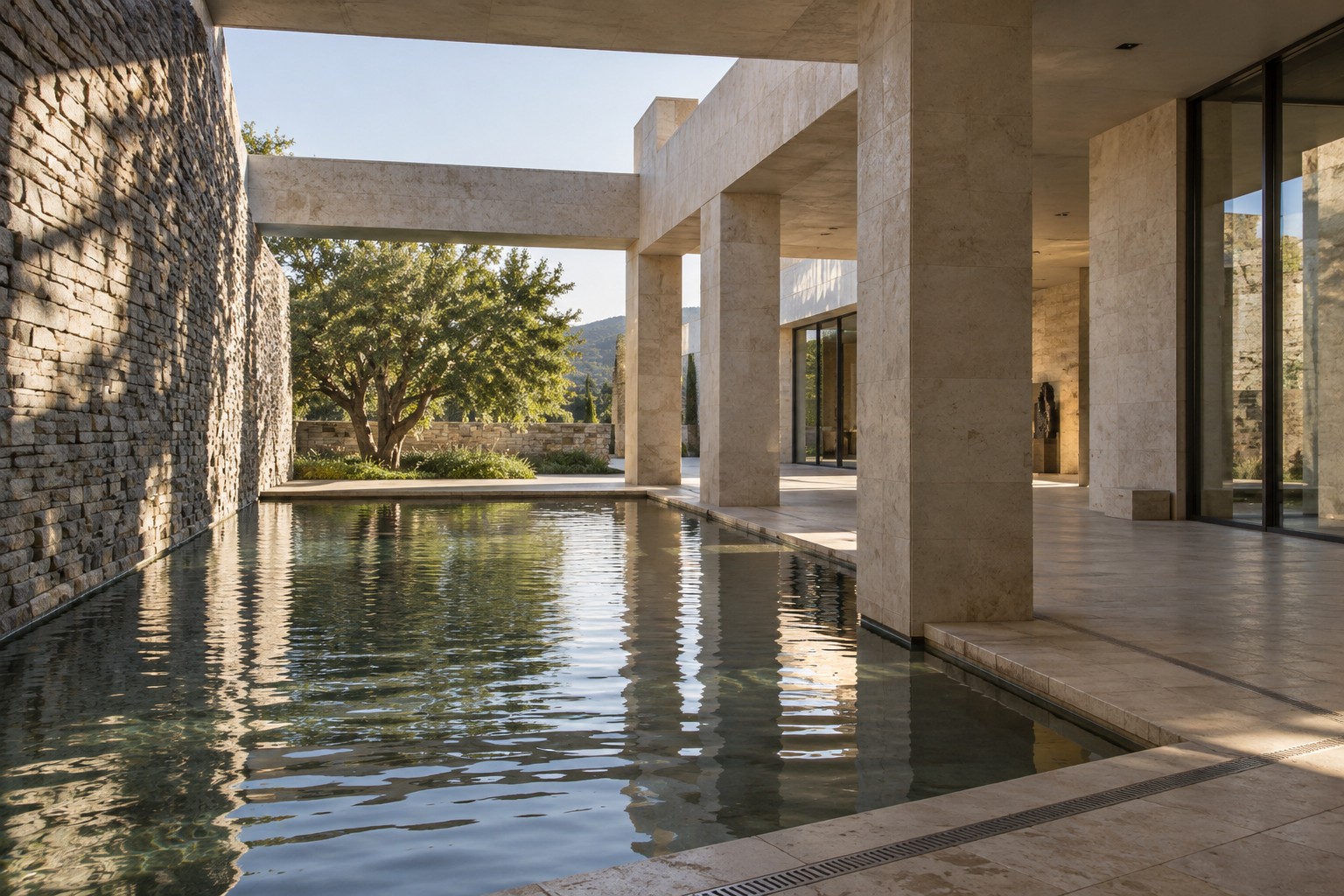 Stone columns and pale architectural beams surrounding a reflective water court