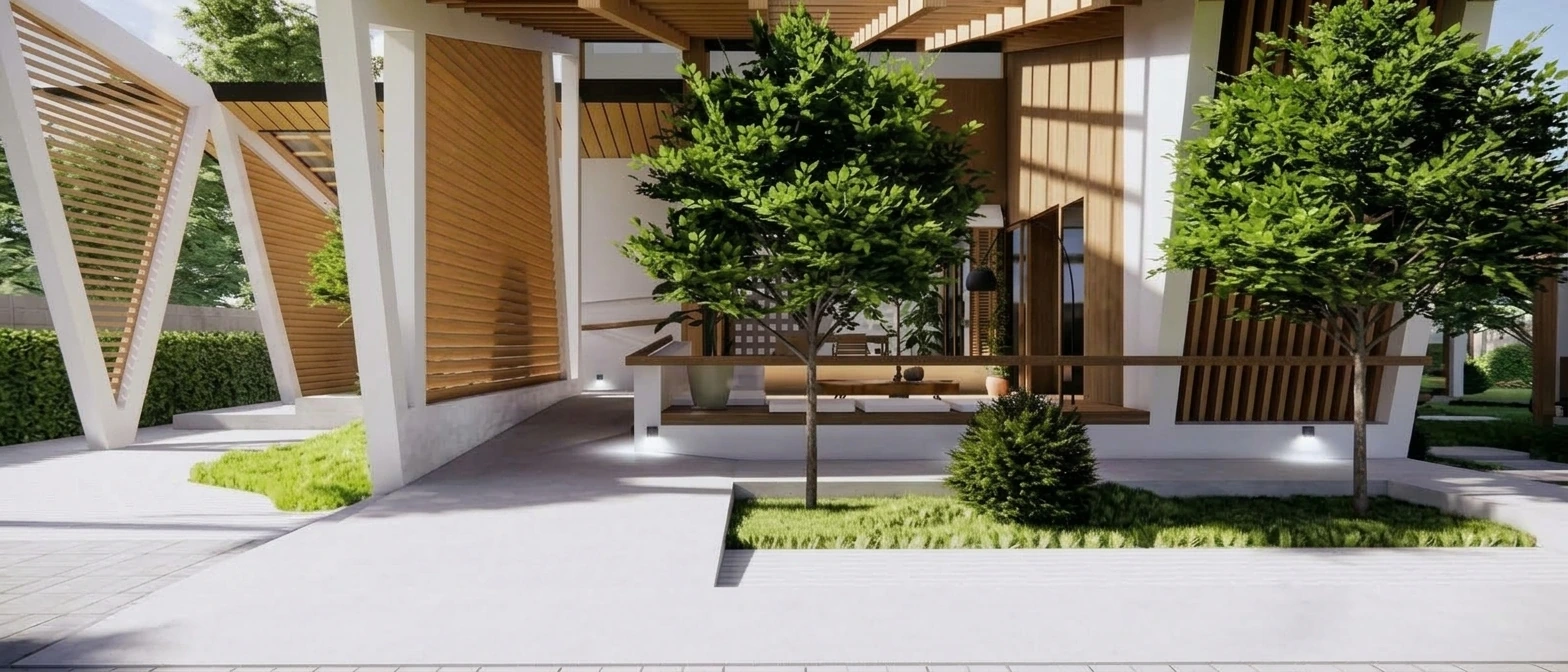 A sunlit courtyard with timber screens, pale columns, and trees
