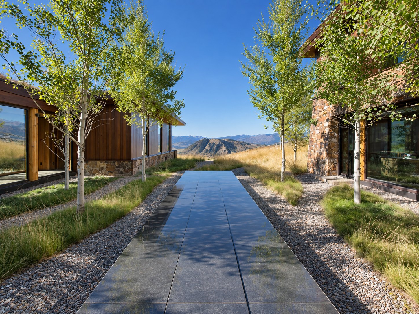 A tree-lined stone walkway between timber-and-stone buildings, opening toward a mountain landscape