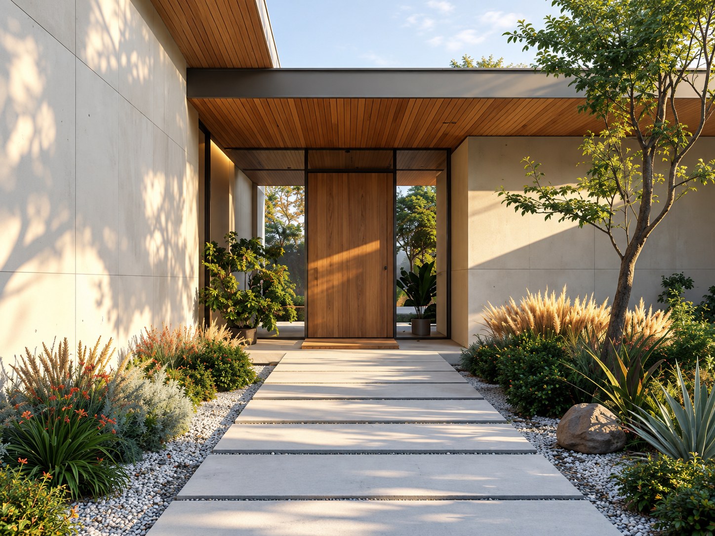 A timber entrance beneath a broad canopy, framed by pale concrete walls and sunlit planting