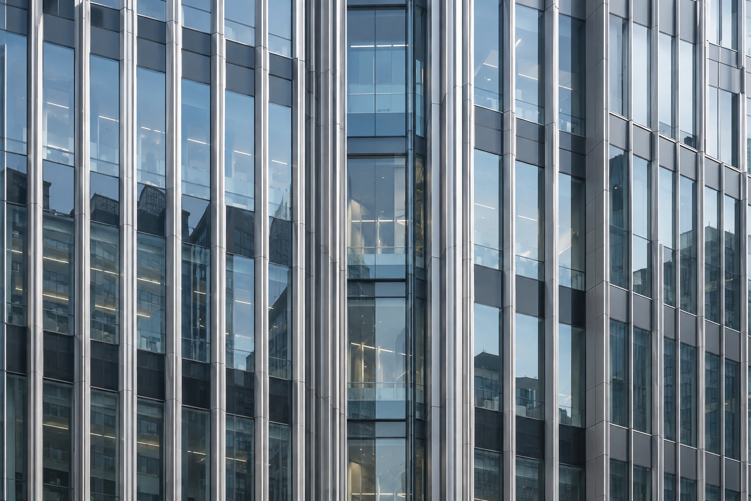 Silver vertical fins and blue-gray glazing on a contemporary building façade