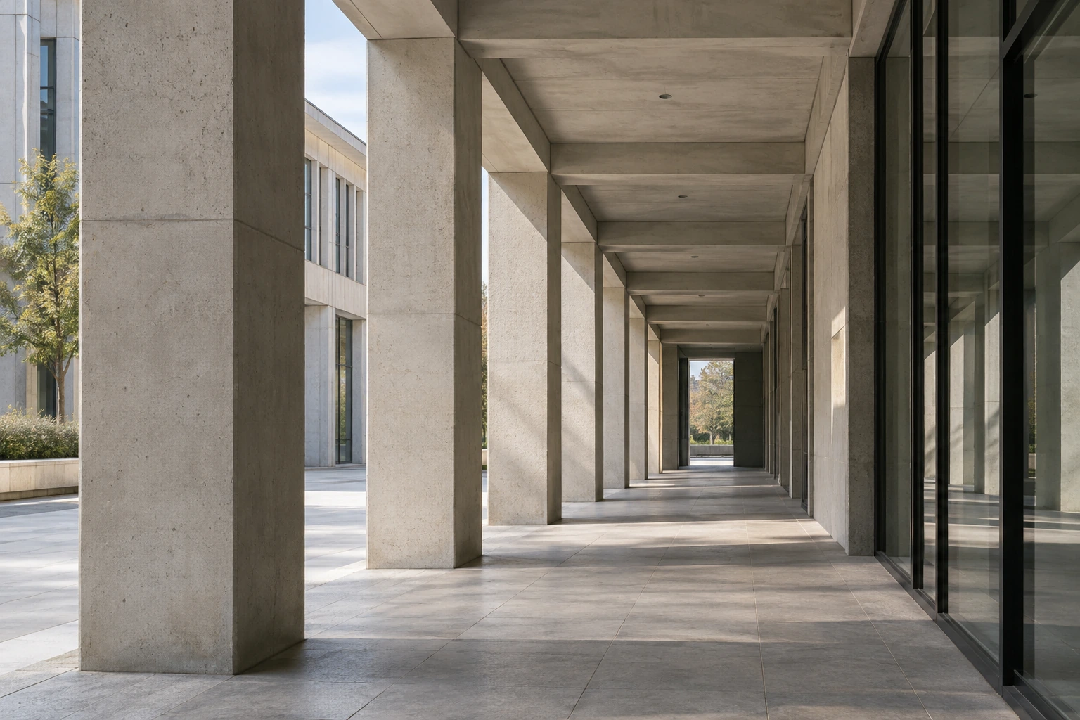 A covered passage with pale concrete columns receding toward daylight