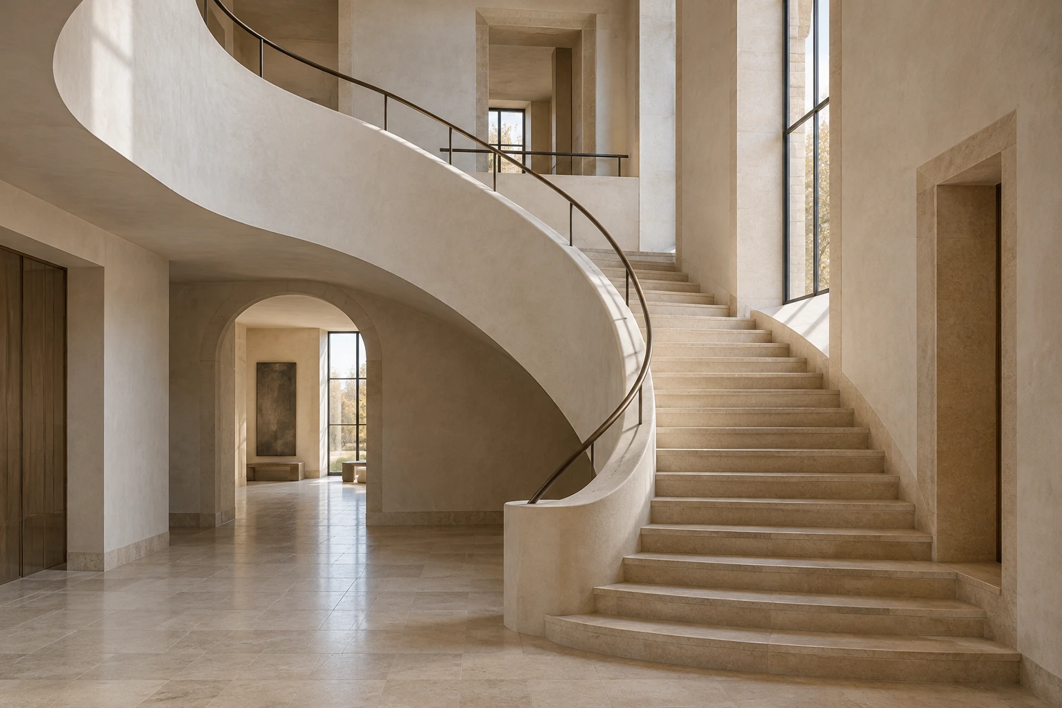 A sweeping pale-stone staircase with a dark handrail in a sunlit architectural interior