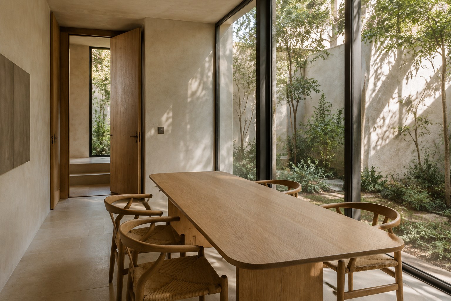 A quiet timber meeting room beside a planted courtyard