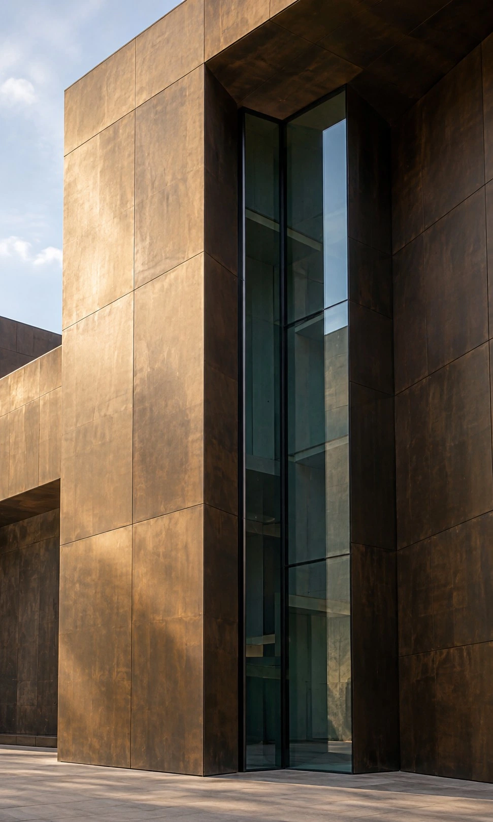 A monumental bronze facade with deeply recessed vertical glazing